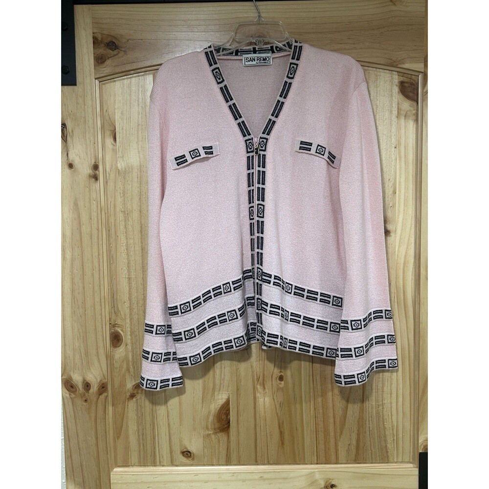 Vintage San Remo By Laura Knits Full Zip Cardigan Pink W Black Accents Size L